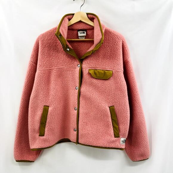 North Face Pink Sherpa Button Jacket Fleece - Picture 1 of 6